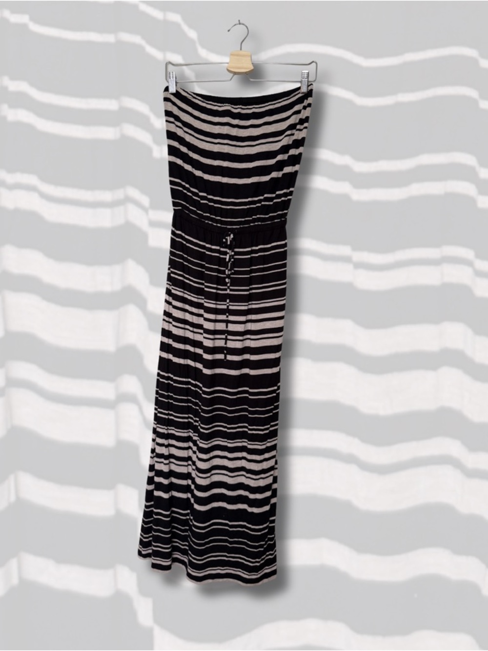 J. Crew Black and Cream Strapless Striped Maxi Dress